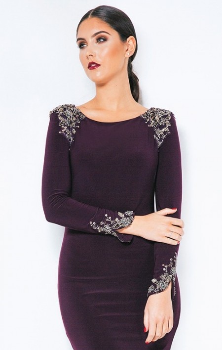 Sophisticated, sleeved evening gown with embellished shoulders & cuffs