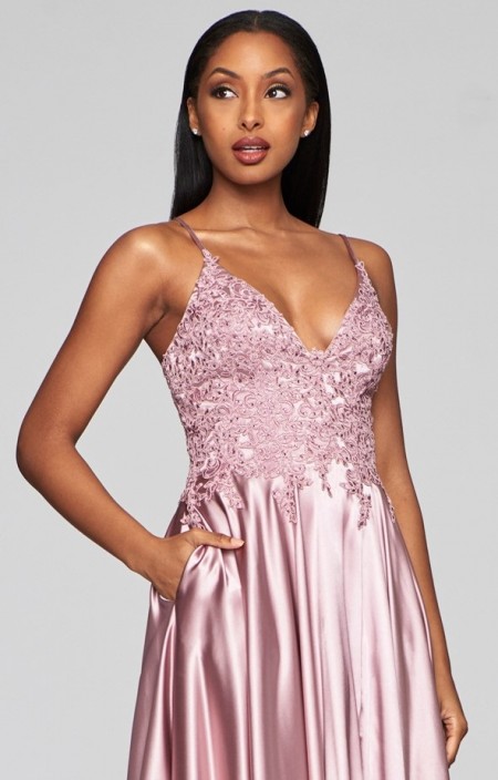 Satin & lace applique prom dress with pockets & lace-up back