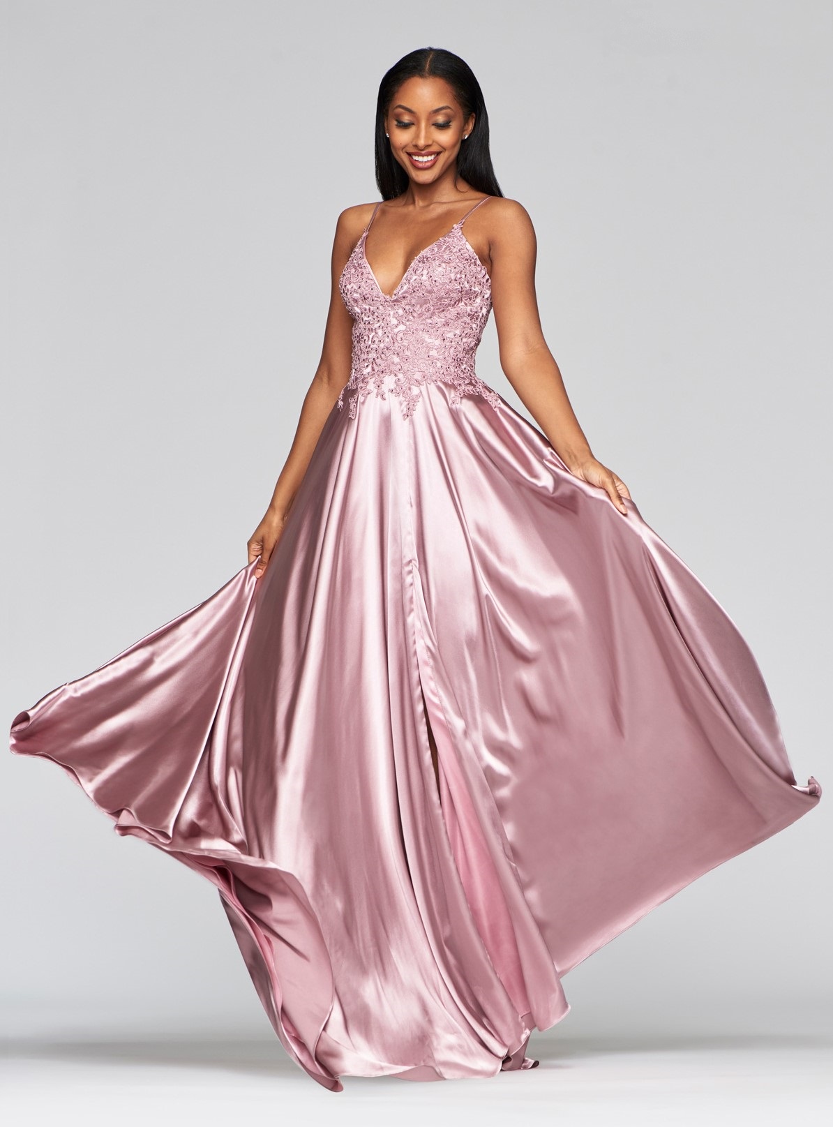 Satin & lace applique prom dress with pockets & lace-up back at Ball ...